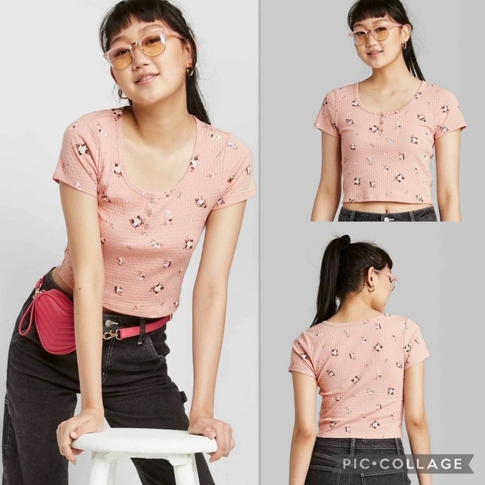 Wild Fable - Target Pink Floral Waffle Knit Button Front Henley Crop Top Size XL